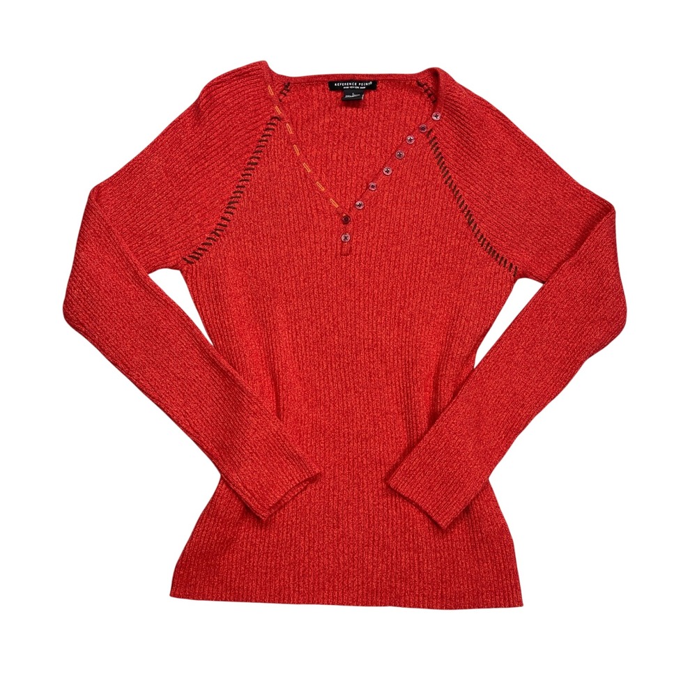 Reference Point Red Ribbed Cotton Henley Sweater Whipstitch Detail Large L